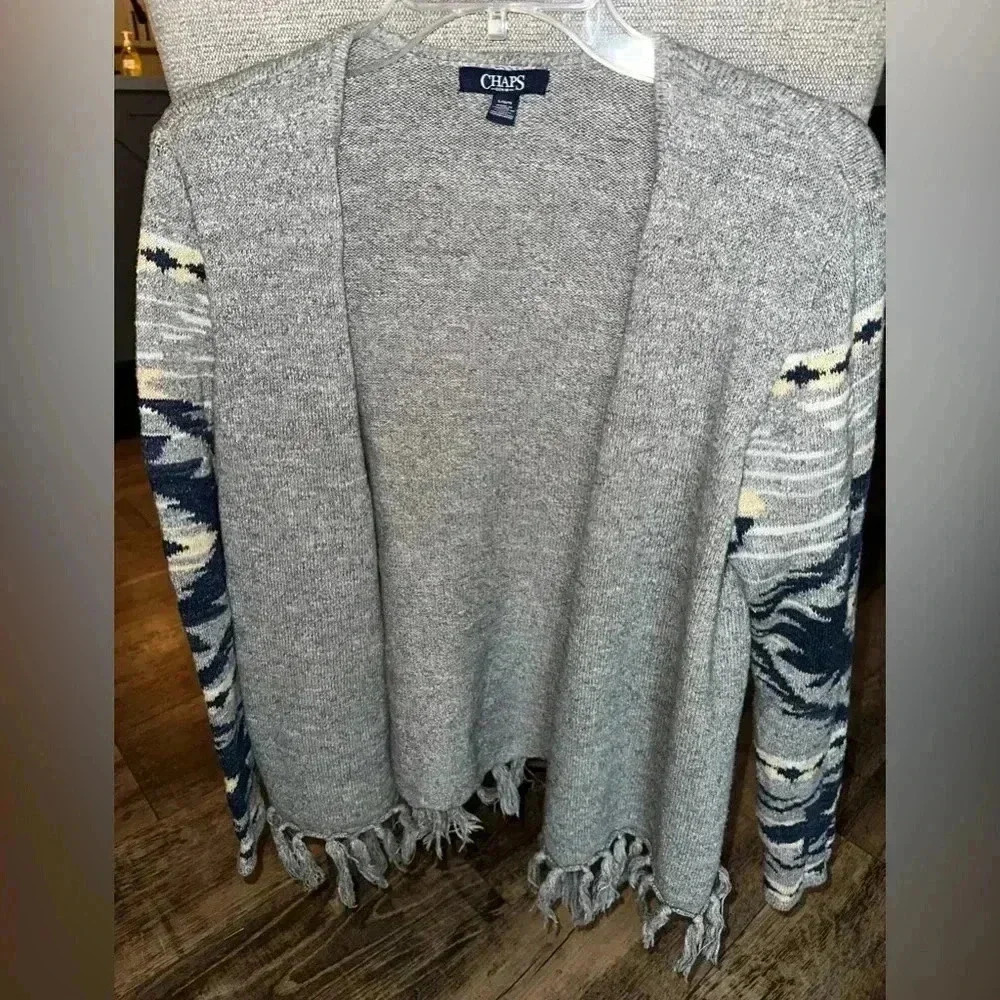 Chaps Sweater Women Large Gray Open Wrap Cardigan Fringe Tribal Aztec Breathable